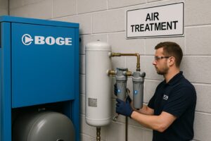 Engineer installing air treatment system in Belfast at PCM Engineering workshop.